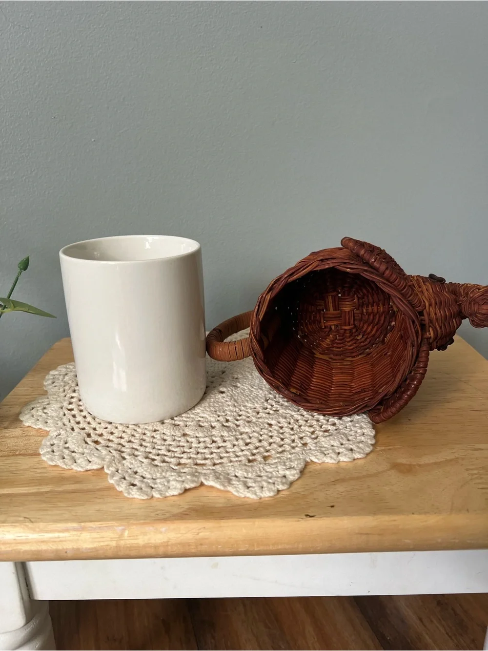 Vintage Handwoven Trunk Up Elephant Basket Planter Rich Brown Retro Wicker Boho